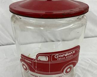 Large Gordon’s Fresh Foods Jar with Panel Truck Graphic and Metal Lid