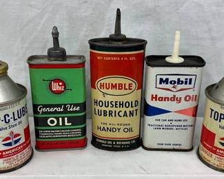 5 Vintage Oil Cans: Mobil, Humble, Whiz, and Top-C-Lube