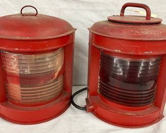 Red Metal Ship Lanterns with Fresnel Lenses, 11×12 Inches