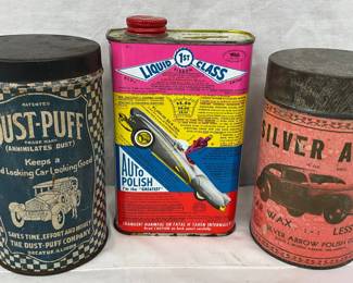 3 Vintage Automotive Cans: Dust-Puff, Liquid Glass Auto Polish, and Silver Arrow Wax
