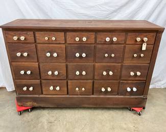 Oak Apothecary Cabinet with 38 Drawers and Porcelain Knobs