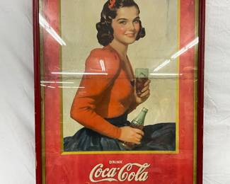Early Coca-Cola 30 x 50 Cardboard Advertising Display with Lady and Original Frame