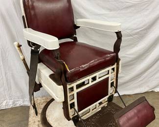 Early Vintage Theodore A. Kochs Porcelain Barber Chair with Red Upholstery