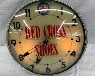 15 IN. Unusual Red Cross Shoes Advertising Clock by United States Shoe Corporation