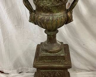 Two-Piece Bronze Garden Urn with Ornate Detailing, 19 x 42 Inches
