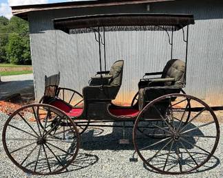 Late 19th to Early 20th Century Four-Wheeled Horse-Drawn Carriage with Upholstered Seating and Fring