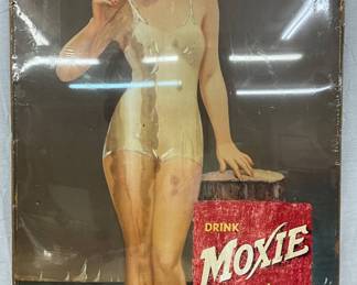 Early Moxie Advertising Cardboard Sign with Girl and Umbrella, 26 x 48