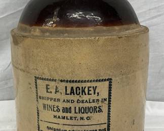 2g. E.A. Lackey Glazed Stoneware Jug with Advertising Labe- Hamlet, NC