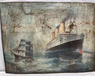 Maritime Scene Painting on 40 x 29 1/2 Inch Metal Panel with Signature