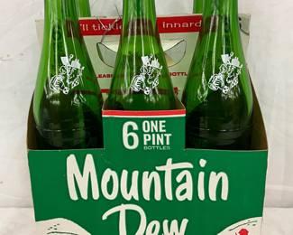Mountain Dew Cardboard Six-Pack Carrier with Empty One-Pint Bottles and Caps