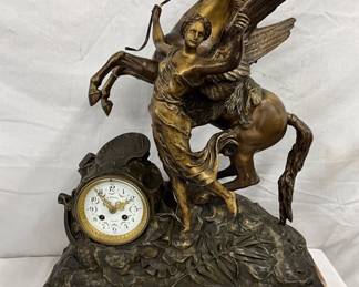 Bronze Figural Clock with Winged Horse and Female Figure on Marble Base