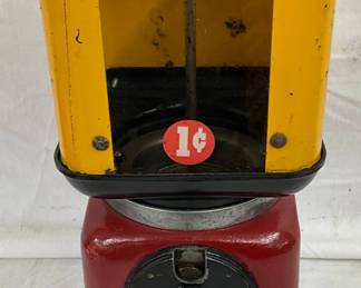 Mid-20th Century Red and Yellow Coin-Operated Gumball Machine