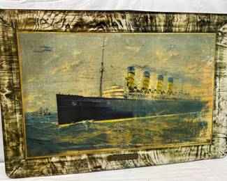 38 x 25 Tin Lithograph Self-Framed of RMS Mauretania