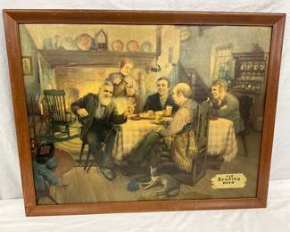 Framed Old Reading Beer Cardboard Sign with Tavern Scene, 33 1/2 x 26 1/2 Inches