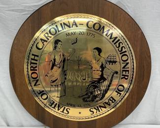 26 1/2″ Metal State of North Carolina Commissioner of Banks Sign on Wood by Morts, Inc.