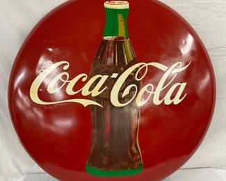 48-Inch Coca-Cola Button Sign with Bottle Graphic, Metal, Some Restoration