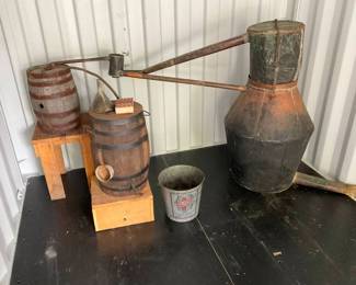 Original Copper Still with Wooden Kegs, Drain Pipes, Funnel, and Tubing for Display ONLY