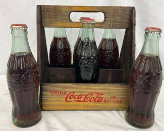 Wooden Coca-Cola Six-Pack Carrier with Six Glass Bottles