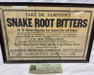 22X16 Framed Dr. Sampson’s Snake Root Bitters Advertisement Sign with Canceled Purvis Niece Check
