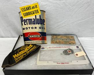 Amoco Advertising Items Including Permalube Can and Stamp Album