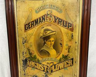 Boschee’s German Syrup and Green’s August Flower Tin Litho Sign, Framed