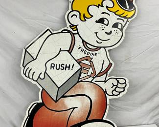 31 x 58 Metal Sign Depicting Freddy the Delivery Boy