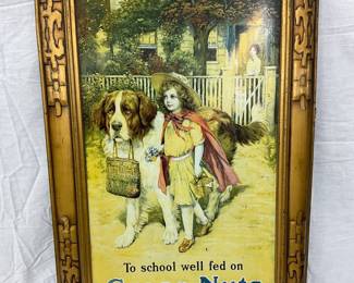 Grape-Nuts Tin Lithograph Advertising Sign Featuring Girl and Dog, 20 x 30 1/2 Inches