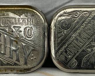Two 1880s Engraved Flat Pocket Tobacco Tins: Century Combination and Rose Leaf with Compass