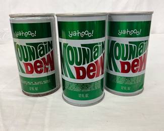 Three Vintage Mountain Dew 12 oz Steel Cans with ‘Yahoo!’ Branding