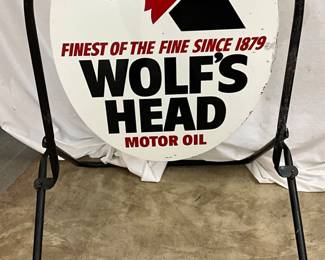 Wolf’s Head Motor Oil Metal Sign with Curbside Bracket, 23 x 30 Inches