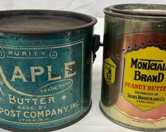Two 1 POUND Vintage Food Tins: Purity Maple Butter and Montclair Brand Peanut Butter