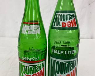Two Mountain Dew Glass Bottles, 12 Fluid Ounces and Half Liter