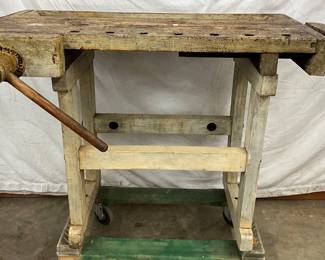 Early Wooden Workbench with Dual Vises and Sturdy Frame, 49in Long