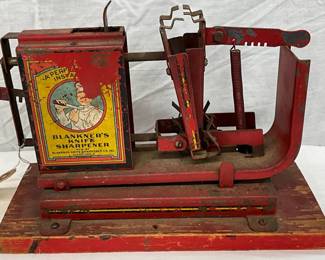 Early Blankner’s Knife Sharpener on Wooden Base, 12″ x 7″