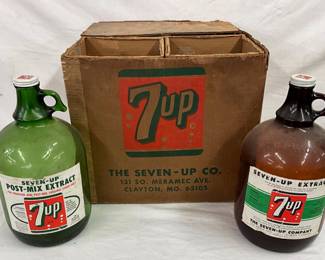 Two 1-Gallon 7-Up Syrup Jugs with Original Cardboard Box
