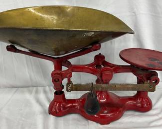 Red Cast Iron Number Two Balance Scale with Brass Pan, 24×12
