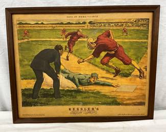 Framed Kessler’s Whiskey ‘Safe at Home’ Advertising Sign with Easel Back, 20″ x 16″