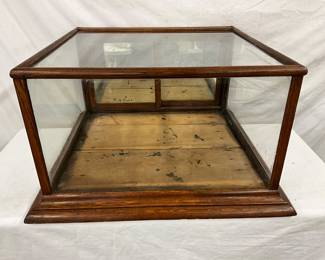 Oak Countertop Showcase with Glass Panels and Sliding Rear Doors