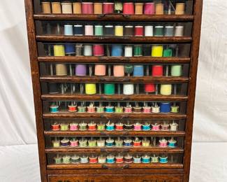 Brainerd & Armstrong’s Oak Spool Cabinet with Glass Front, 17 x 27 1/2 Inches
