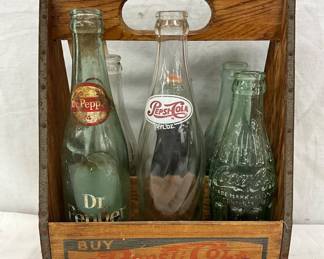 Wooden Pepsi-Cola Carrier With Assorted Vintage Bottles