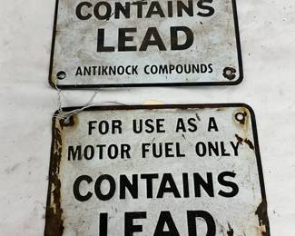 Pair Porcelain Gasoline Pump Plates with ‘Contains Lead’ Text