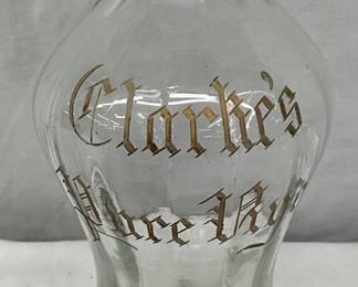 Early 1900s Clarkes Pure Rye Whiskey Glass Decanter, 9IN. TALL