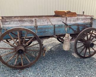 Early 20th-Century Wooden Wagon with Original Blue Paint, Hopkins Flour Meal, Reidsville, NC