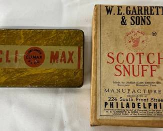 Unopened 1940s W.E. Garrett & Sons Scotch Snuff Box and Climax Tobacco Tin