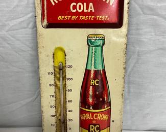 Vintage Royal Crown Cola Metal Thermometer with Bottle Graphic