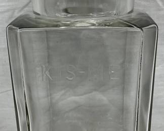 Embossed Glass Gum Jar with Lid, Marked ‘Kis-Me Cumco, Louisville KY’, 5 x 10 1/2 Inches