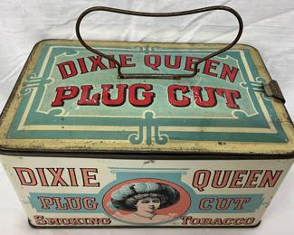 7 1/2×4 Dixie Queen Plug Cut Tobacco Tin with Hinged Lid and Handle