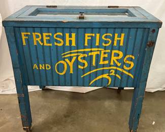 Original Wooden Oyster Cooler with Galvanized Interior and Old Blue Paint