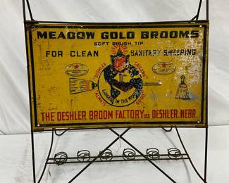 17 1/2 X 23 Vintage Meadow Gold Brooms Display Rack with Embossed Metal Advertising Sign