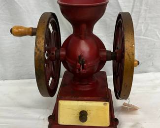 Early Cast Iron Coffee Grinder with Dual Wheel Design, 7″ x 10″